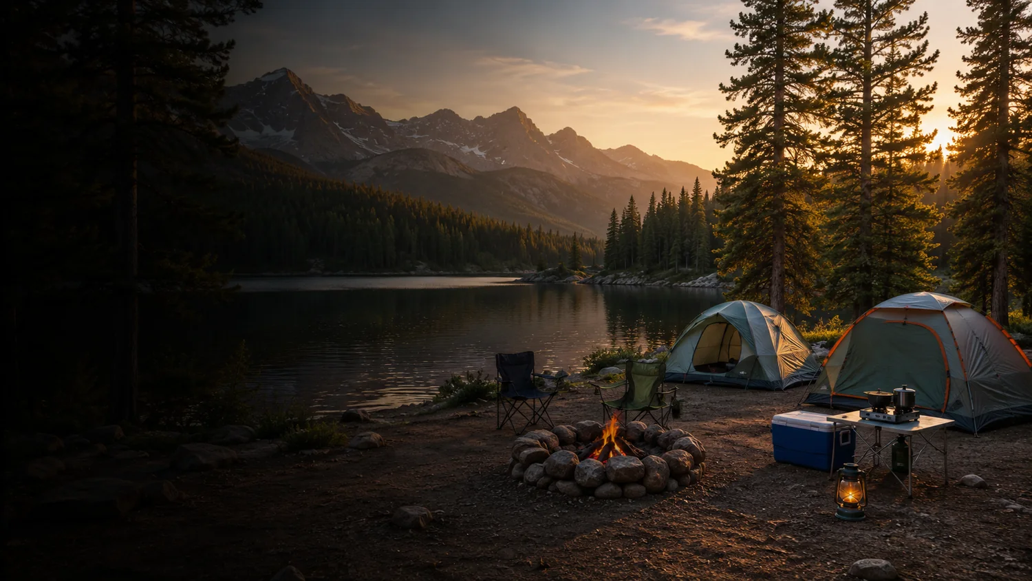 A fully prepared family campsite beside a mountain lake