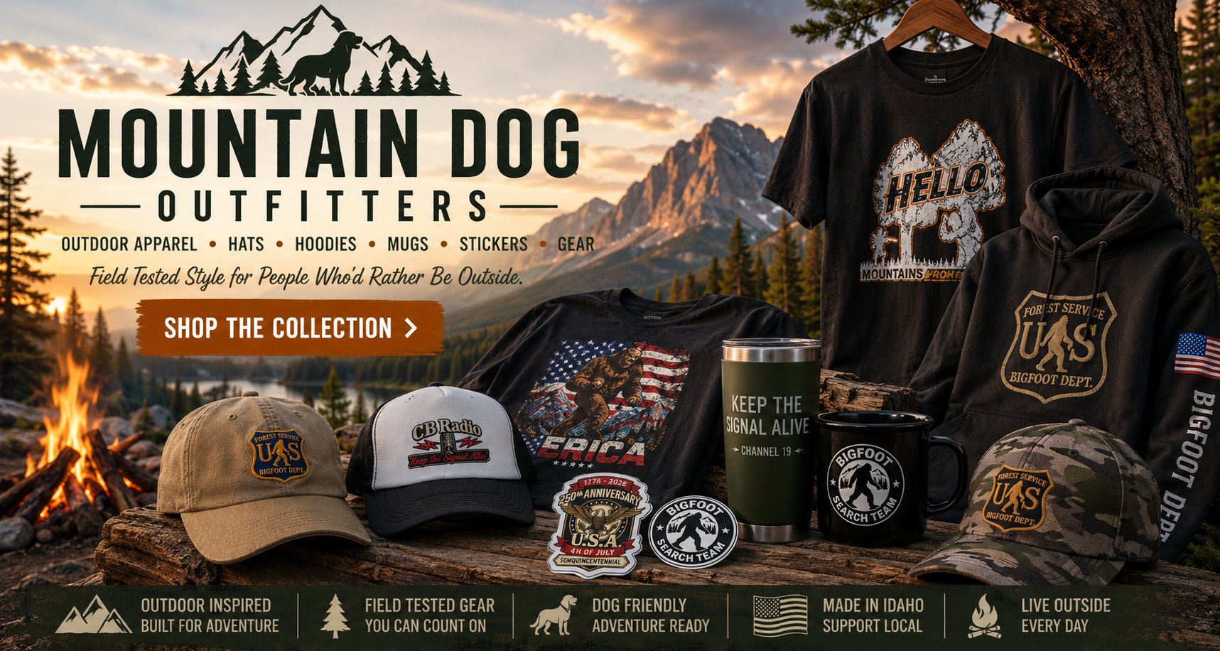 Mountain Dog Outfitters merch including T-shirts, hoodies, hats, mugs, stickers, and outdoor gear