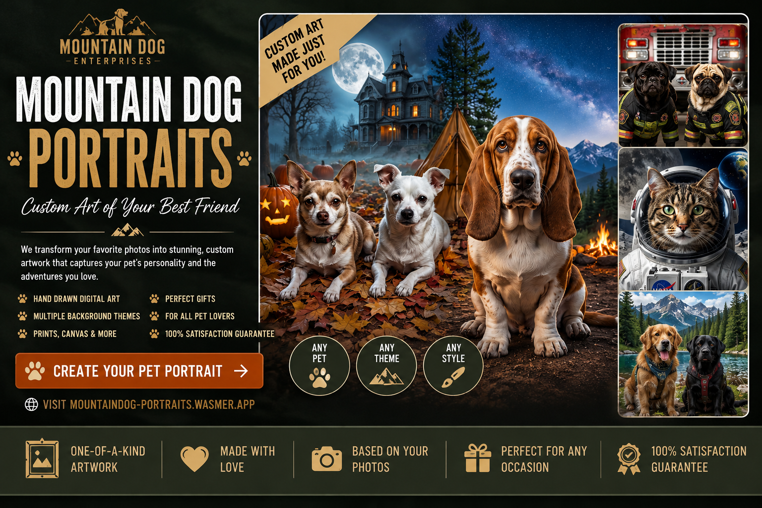 Mountain Dog Portraits custom pet artwork examples with dogs and a cat in outdoor, Halloween, firefighter, camping, and space themes