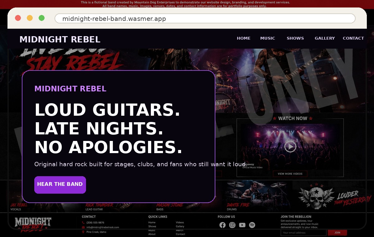 Midnight Rebel rock band website preview